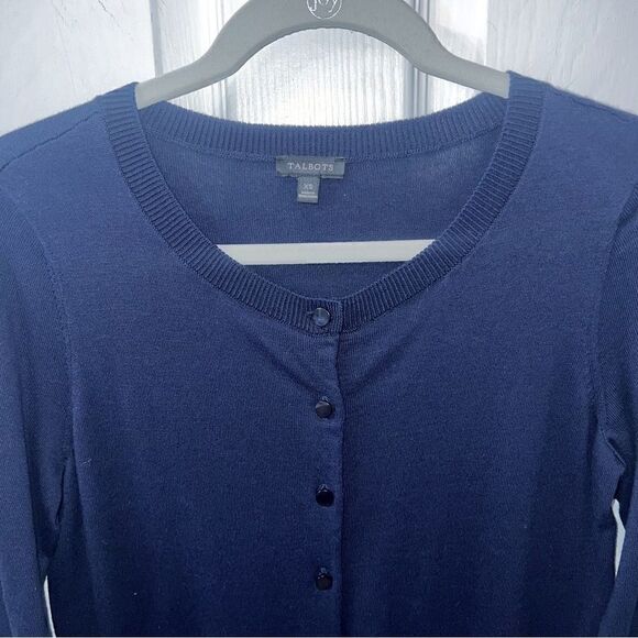 Talbots Vintage Y2K Navy Blue slightly scoopneck button up cardigan sz XS - Picture 2 of 7